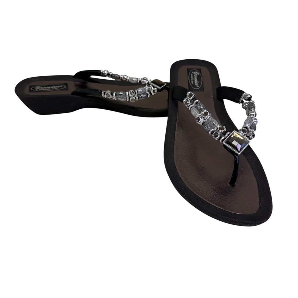 Grandco Beaded Jeweled Wedge Thong Sandals Black Silver Bronze Women 9 Glam Boho